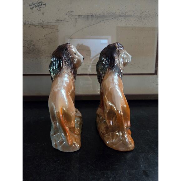 Vintage 1960s-80s Pair Brazilian Iridescent Ceramic Lions 7" Safari Decor Lustre - Picture 8 of 10